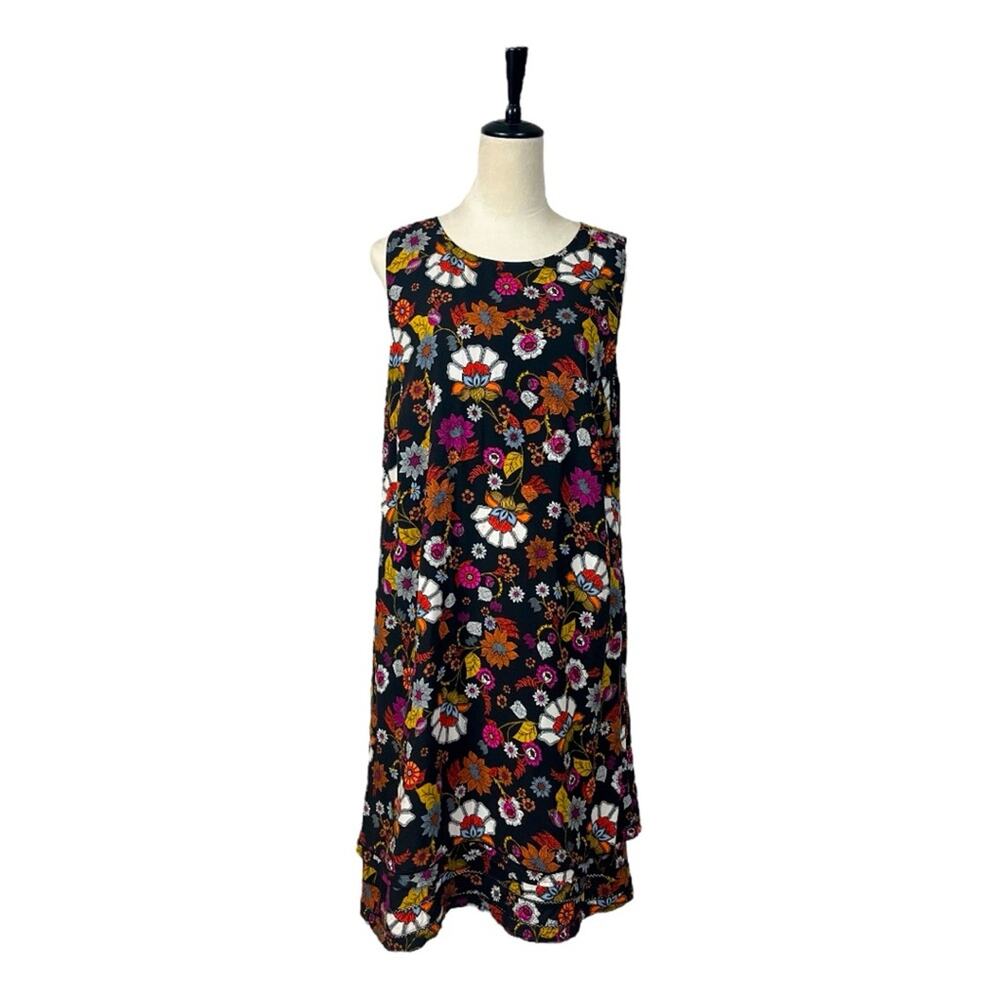 J. Jill Shift Dress Women’s Size Medium Sleeveless Pockets Rayon Black Floral